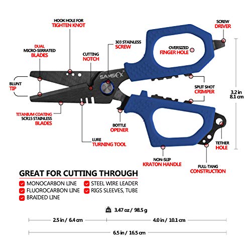 SAMSFX 6.5" Pro Fishing Shears Dual Serrated Blades, Fishing Braided Line Scissors with Titanium Coating, Non-Slip Grip & Multifunction Tool, Includes Hard Molded Locking Sheath & Coiled Lanyard - Image 2