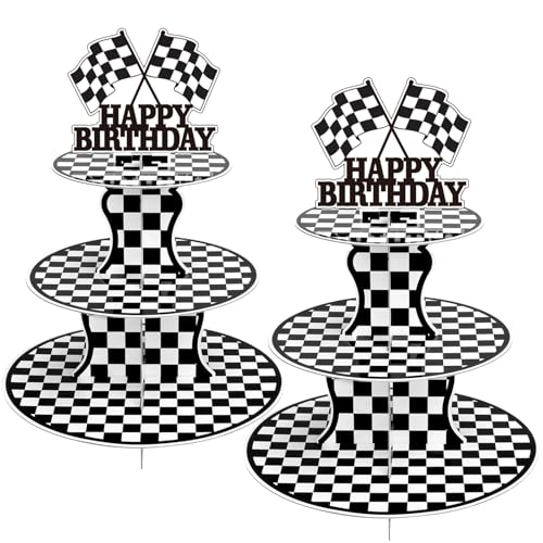 BACUTHY 2 Pack Race Car Cupcake Stands Birthday Party Supplies Two Fast Cars Decorations Truck Theme Favors  3 Tier Cardboard Cup Cake Holder Tower