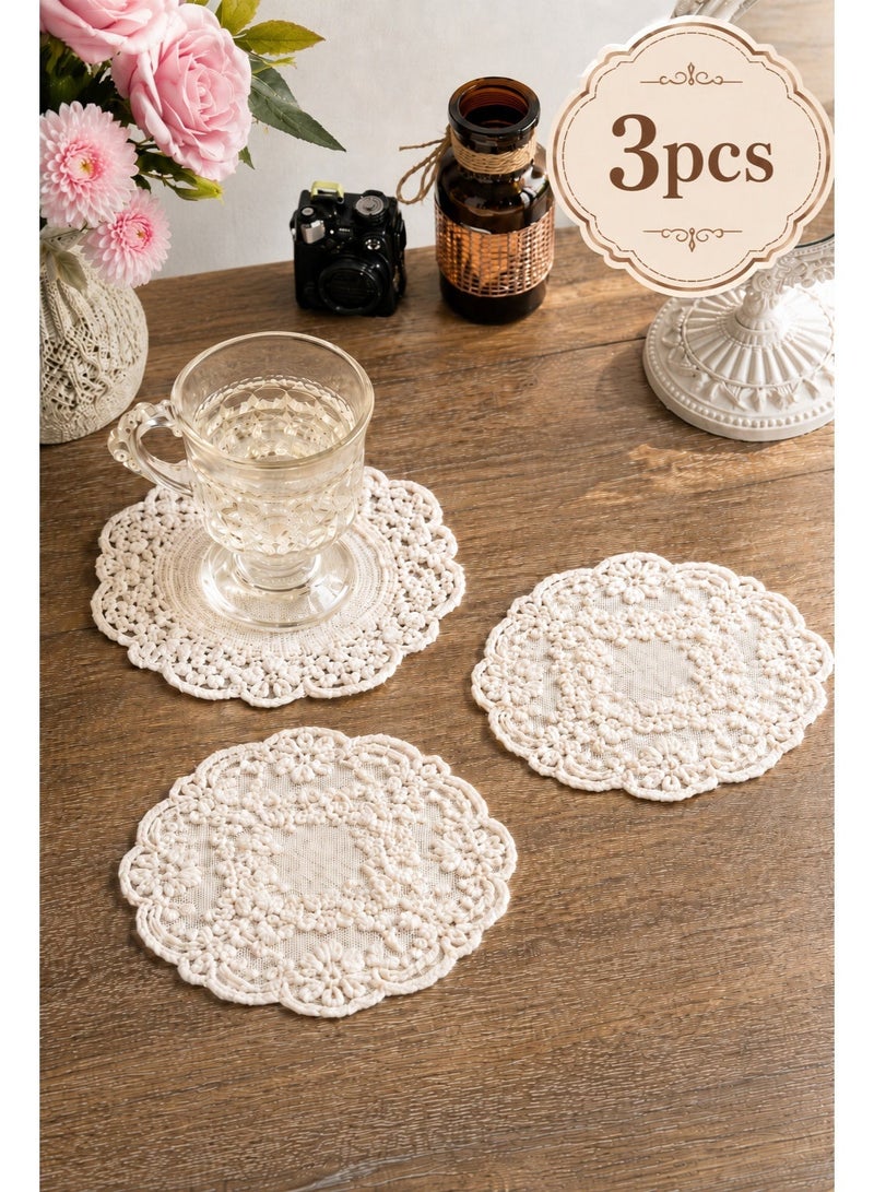 3pcs Vintage French Lace Placemats White Embroidered Crochet Doilies Table Mats and Coasters for Wedding Party Home Decor - Image 1