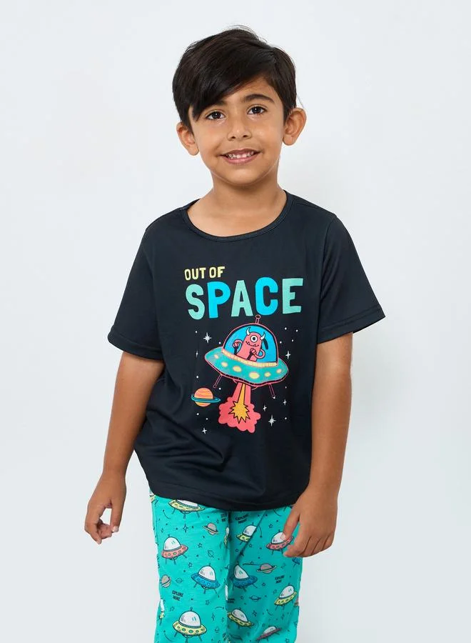 ستايلي Styli Space Graphic Print T-Shirt and Pyjama Set
