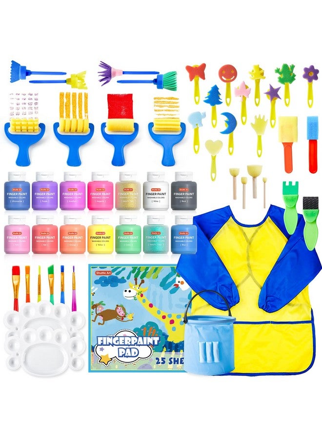 شاتل أرت مجموعة طلاء الأصابع القابلة للغسل، مجموعة ألوان مكوكية مكونة من 46 قطعة للأطفال مع 14 لونًا (60 مل) فرش طلاء الأصابع لوحة إسفنجية سموك غير سامة للأطفال الصغار في المنزل والأنشطة التعليمية المبكرة - Image 1