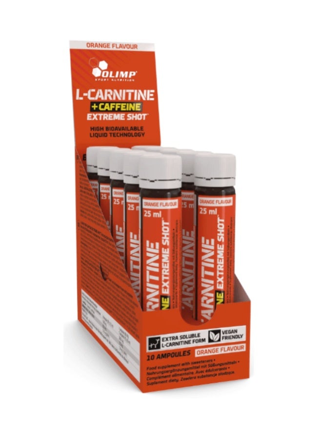 Olimp L-Carnitine + Caffeine Extreme Shot Orange 25ml, Pack of 10, Sugar-Free Energy & Metabolism Support Drink with Vitamin B6 - Image 1