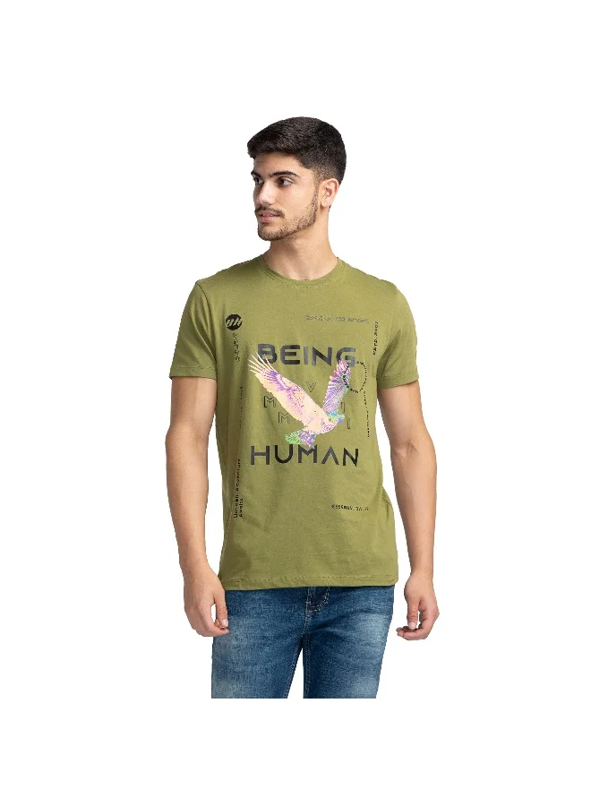 بيينغ هيومان Mens Olive Round Neck Short Sleeve T-Shirt