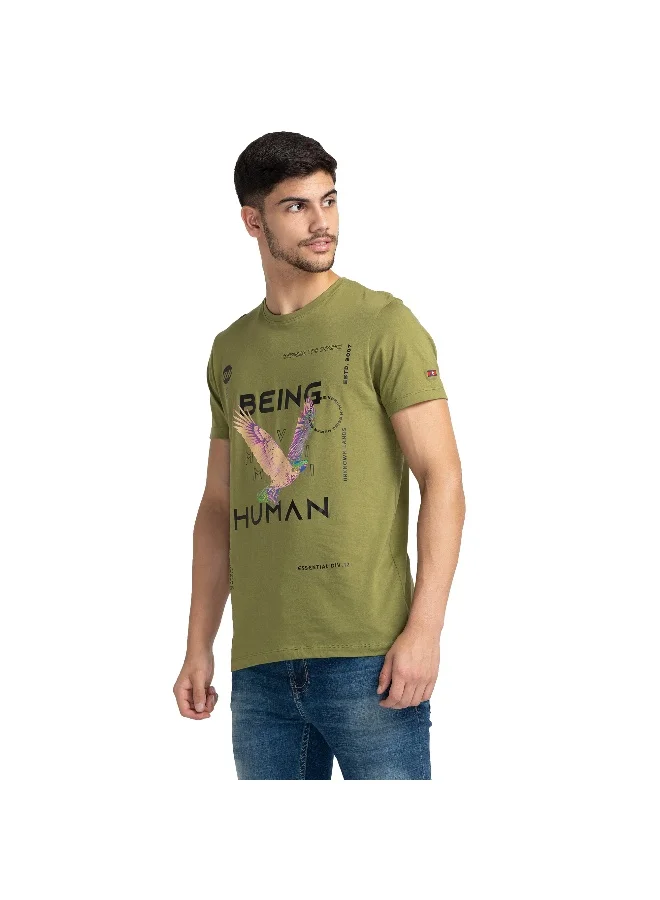 بيينغ هيومان Mens Olive Round Neck Short Sleeve T-Shirt