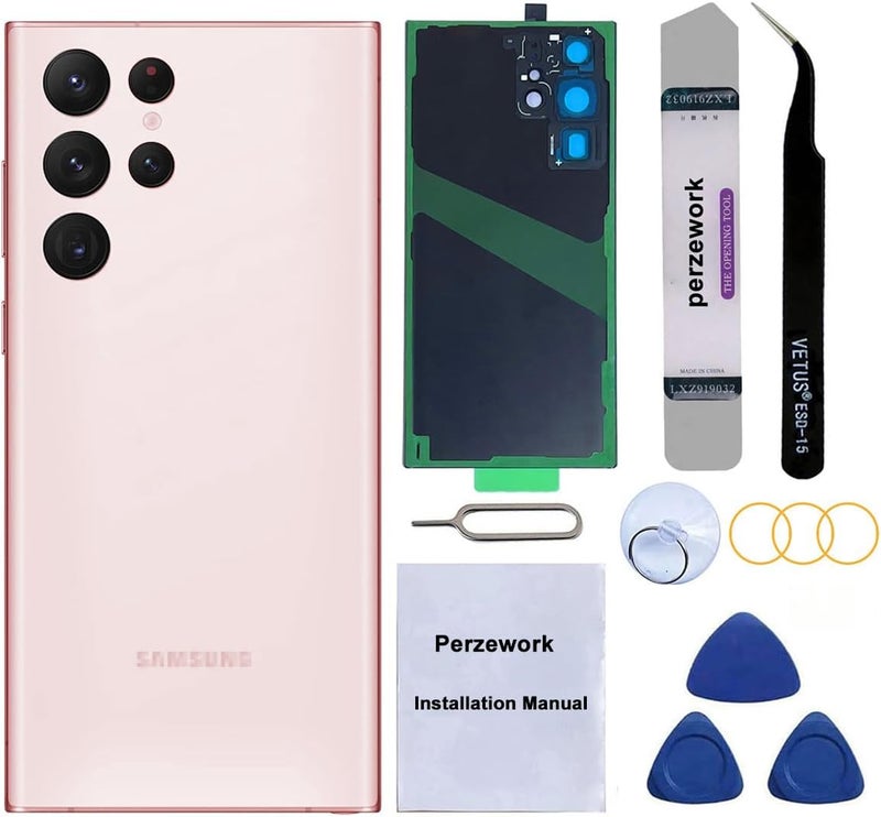 Perzework Rear Back Glass Replacement for Samsung Galaxy S22 Ultra 6.8 inches 5G with Reparing Toolkit and Pre-Installed Adhesive (Pink Gold) - Image 1