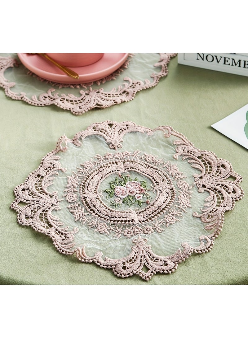 Generic 1 Pack Retro French Style Lace Placemats, Round Lace Doilies for Tables, Embroidered Cup Mat, Vintage Crochet Lunchmat Doilies for HomeDecoration Home, Wedding,Heat Insulating Round Polyester Mats  - Image 1