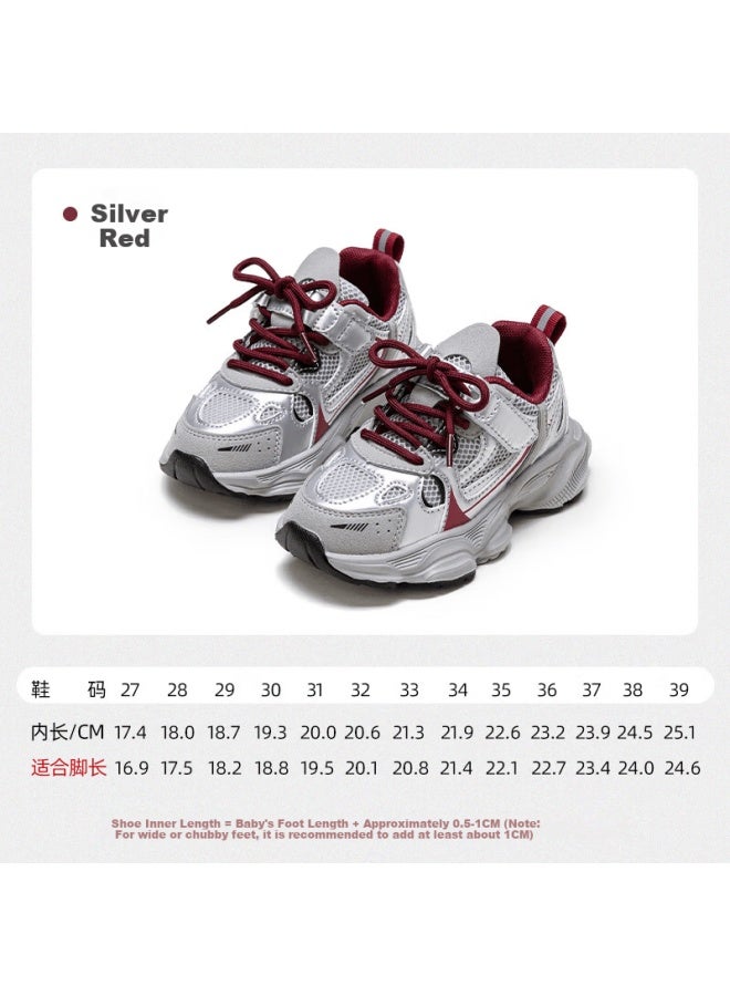 Follow Me Fulomi Girls' Sports Shoes Spring And Autumn New Colorblock Non-slip Running Shoes Mesh Breathable Casual Shoes Silver Red Size 32 - Image 2