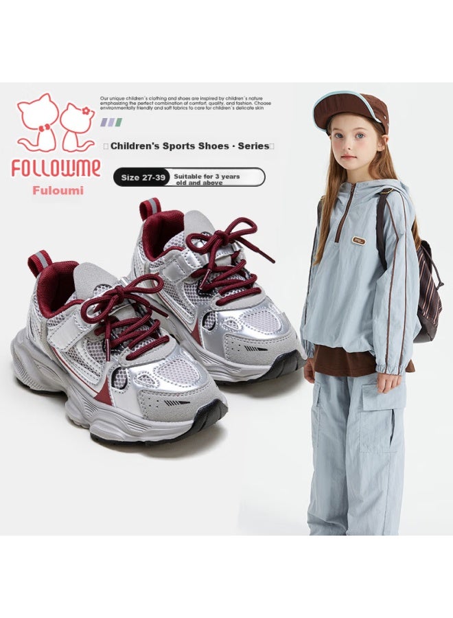 Follow Me Fulomi Girls' Sports Shoes Spring And Autumn New Colorblock Non-slip Running Shoes Mesh Breathable Casual Shoes Silver Red Size 32 - Image 1