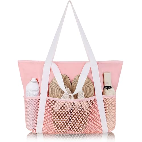HOMESPON Beach Bag Large Waterproof Sandproof Foldable Tote for Women with Zipper and Mesh Pockets for Pool Cruise Travel Everyday Pink - Image 1