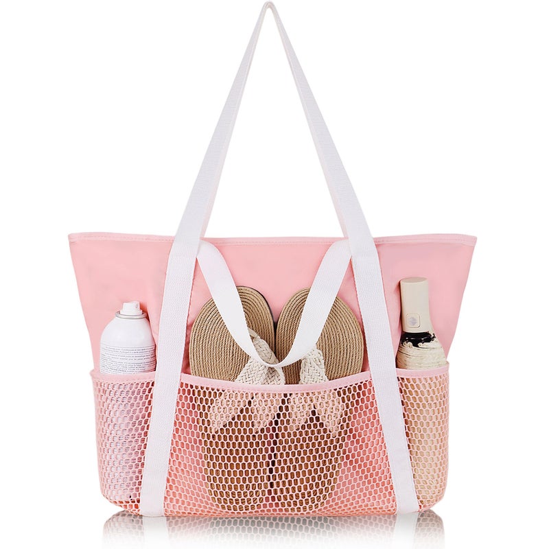 HOMESPON Beach Bag Large Waterproof Sandproof Foldable Tote for Women with Zipper and Mesh Pockets for Pool Cruise Travel Everyday Pink - Image 2