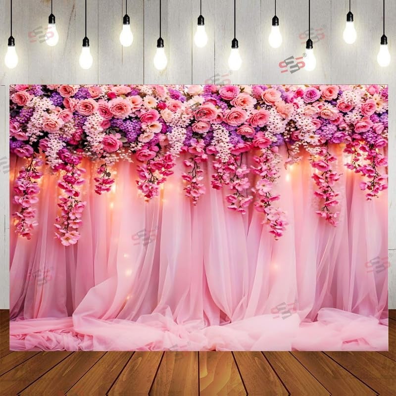 S2S Stylish Wedding Backdrop Cloth for Pooja Decoration Traditional, Background Decoration Cloth | Curtain Cloth for All Festival, Functions & Ceremonies - (5 x 8 Feet) (Pink) - Image 1