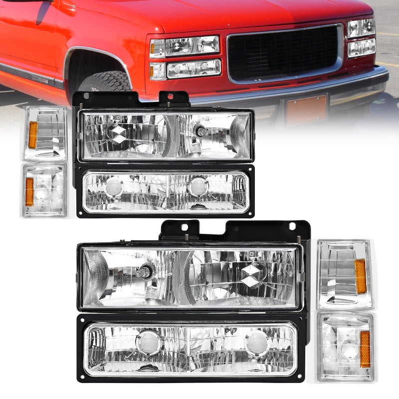 AS Headlight Assembly Compatible with 1994 1995 1996 1997 1998 GMC C10 Pick Up Sierra Suburban Yukon Chrome Housing with Amber Reflector Headlamp Replacement