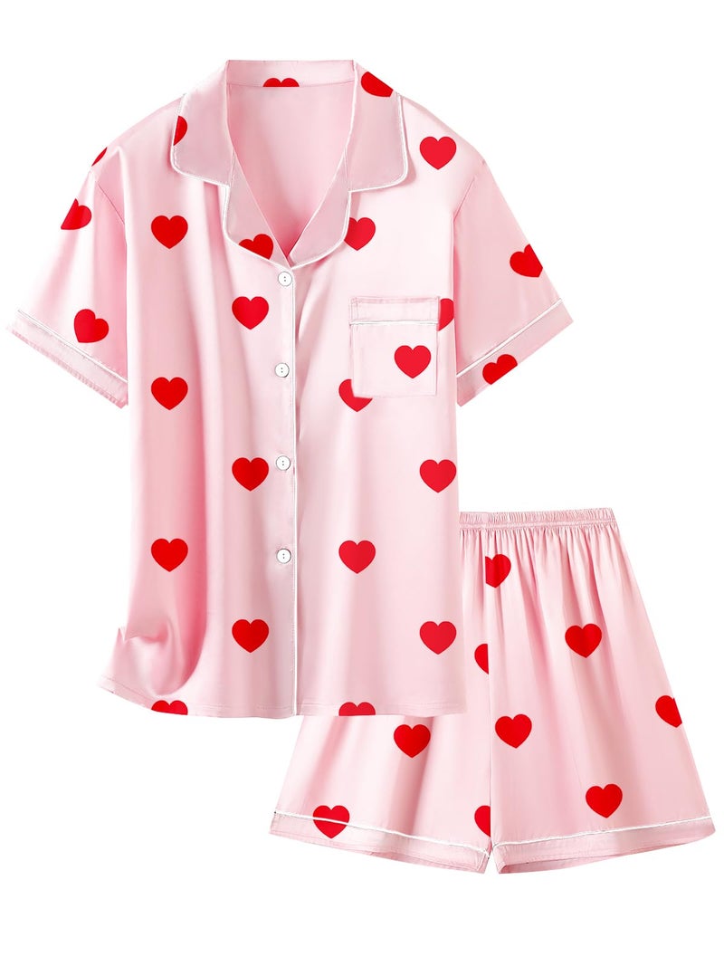 Schbbbta Silk Pajamas Set for Girls Satin Heart Button-up Valentine's Day Sleepwear Loungewear Gifts for Kids, Heart Pink, 7-8 Years - Image 1