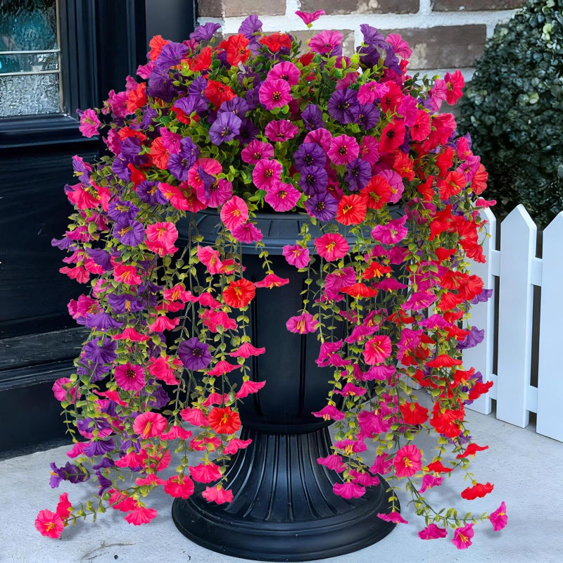 ADXORA Fake Artificial Hanging Morning Glory Flowers for Outdoor Planters Porch Pation Decoration8 Bundles UV Resistant Silk Faux Flowers with Realistic Eucalyptus Plants for Home Office Garden Decor - Image 2