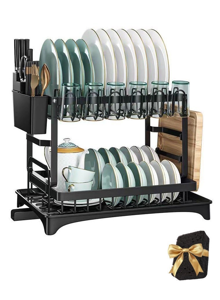 Double-layer Kitchen Dish Drain rack | Carbon Steel Rust-Proof Cutlery Storage Rack with Knife Cup Rack and Cutting Board Rack | Rotatable Drain Port | Foldable Design, 50 Catties Load-bearing, Large-Capacity Storage Rack | with Scrub Sponge - Image 2