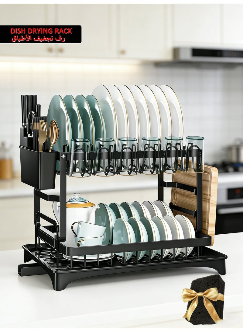 Double-layer Kitchen Dish Drain rack | Carbon Steel Rust-Proof Cutlery Storage Rack with Knife Cup Rack and Cutting Board Rack | Rotatable Drain Port | Foldable Design, 50 Catties Load-bearing, Large-Capacity Storage Rack | with Scrub Sponge - Image 1