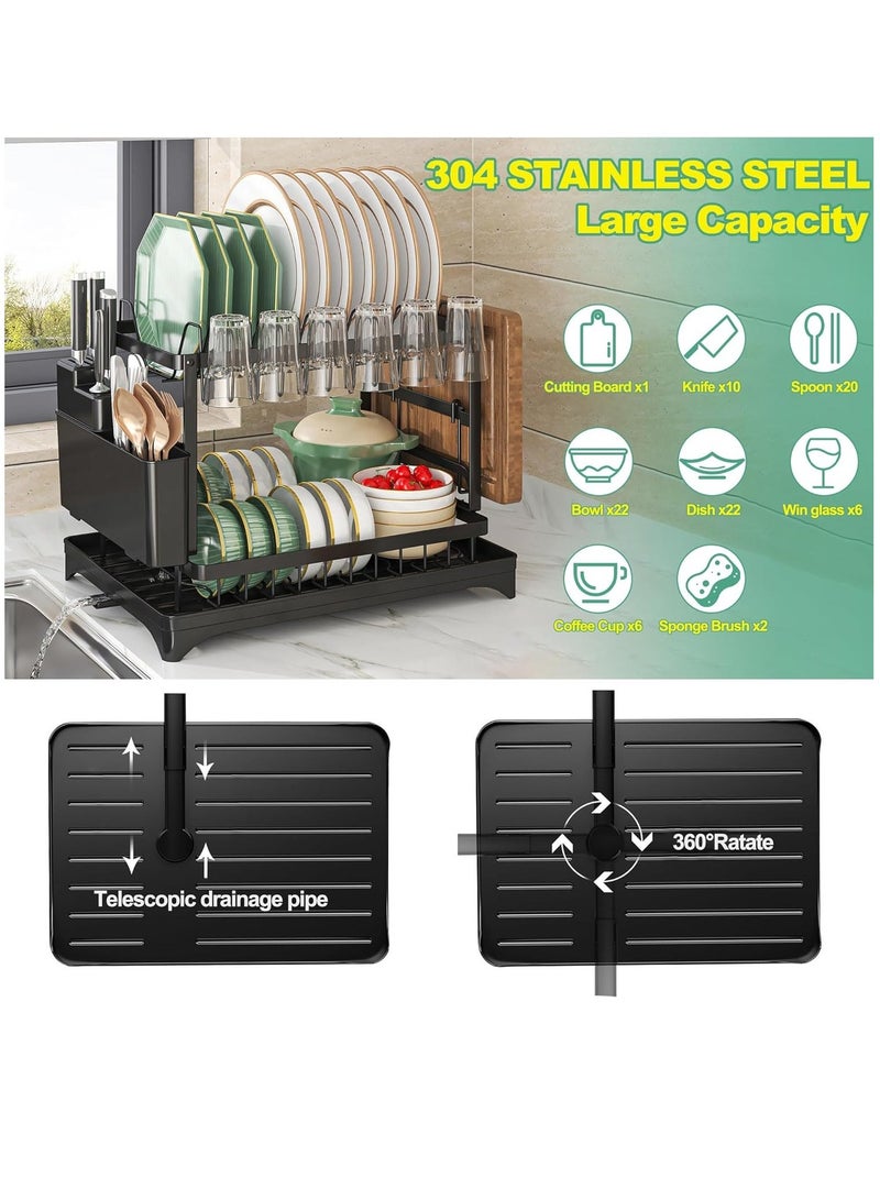 Double-layer Kitchen Dish Drain rack | Carbon Steel Rust-Proof Cutlery Storage Rack with Knife Cup Rack and Cutting Board Rack | Rotatable Drain Port | Foldable Design, 50 Catties Load-bearing, Large-Capacity Storage Rack | with Scrub Sponge - Image 4