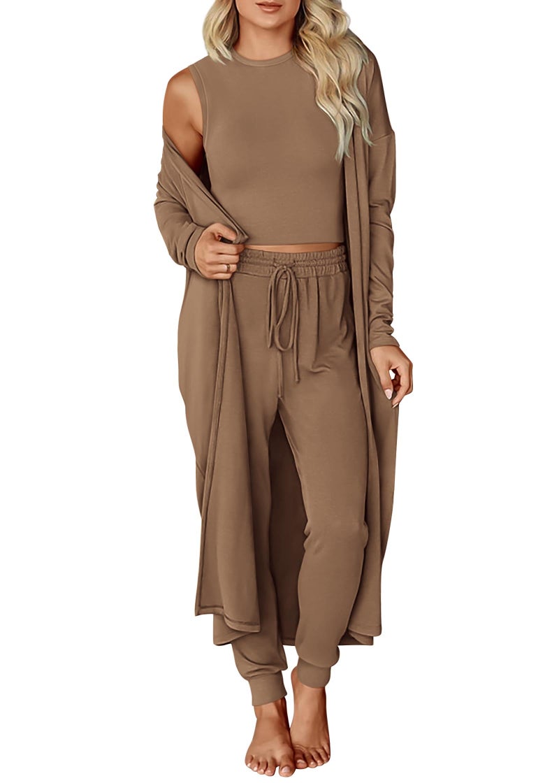 KIRUNDO 3 Piece Lounge Sets for Women Airport Travel Vacation Outfits Spring Cardigan Matching Sleeveless Top Jogger Pants(Khaki, Small) - Image 1
