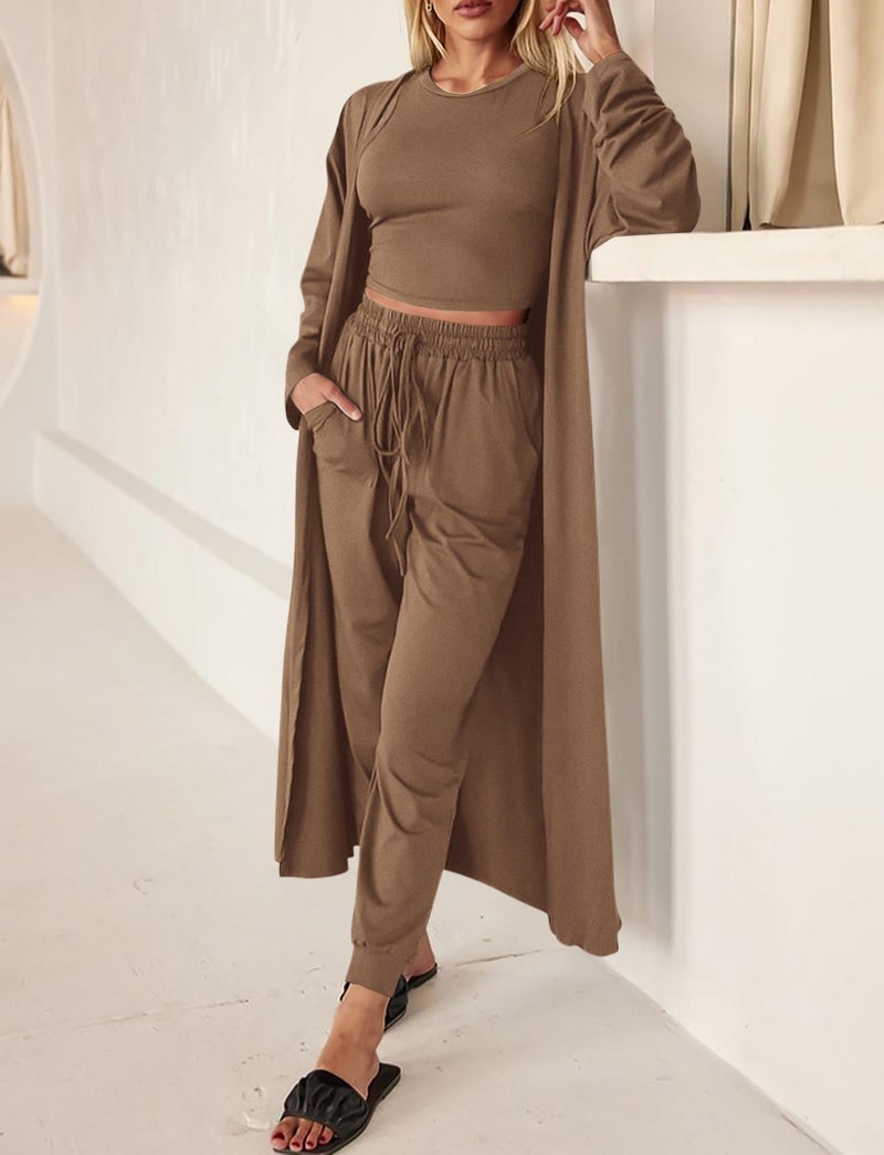 KIRUNDO 3 Piece Lounge Sets for Women Airport Travel Vacation Outfits Spring Cardigan Matching Sleeveless Top Jogger Pants(Khaki, Small) - Image 4