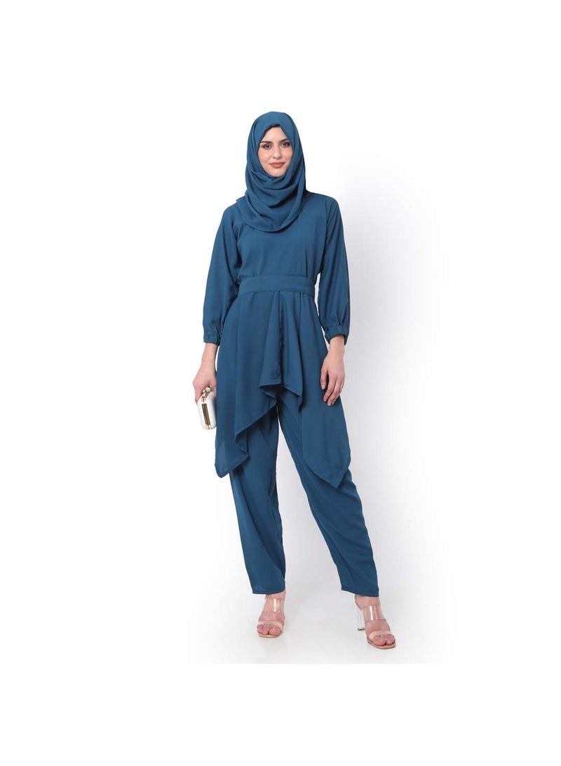 HANA & SARA MODEST TWO PIECE DRESS WITH SCARF AND BELT SOLID COLOUR ARABIC KAFTAN JALABIYA DRESS  - Image 1