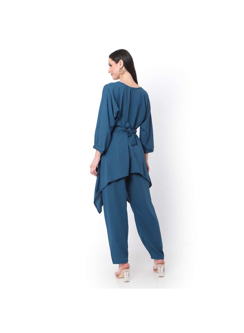 HANA & SARA MODEST TWO PIECE DRESS WITH SCARF AND BELT SOLID COLOUR ARABIC KAFTAN JALABIYA DRESS  - Image 2