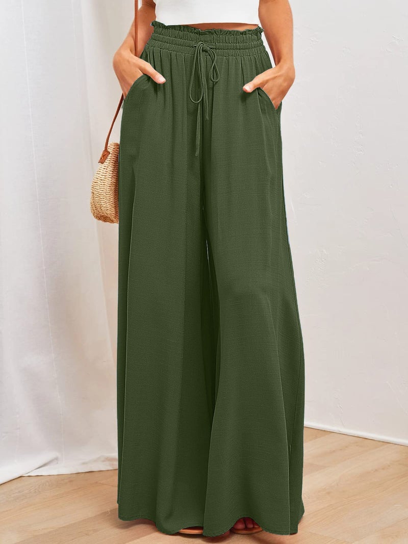 Women's High-Waist Wide-Leg Trousers with Elastic Waistband - Elegant Flowy Pants for Summer