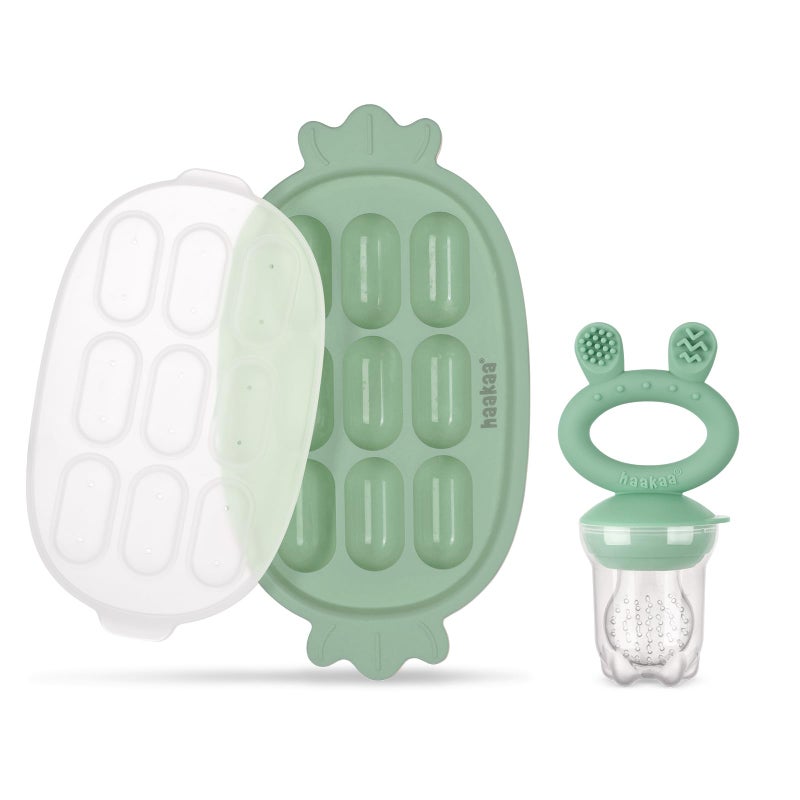 Haakaa Baby Fruit Food Feeder Silicone Freezer Nibble Tray Combo Breastmilk Popsicle Mold for Baby Cooling Relief BPA Free Baby Mesh Food Feeder for Infant Self Feeding Pea Green - Image 2