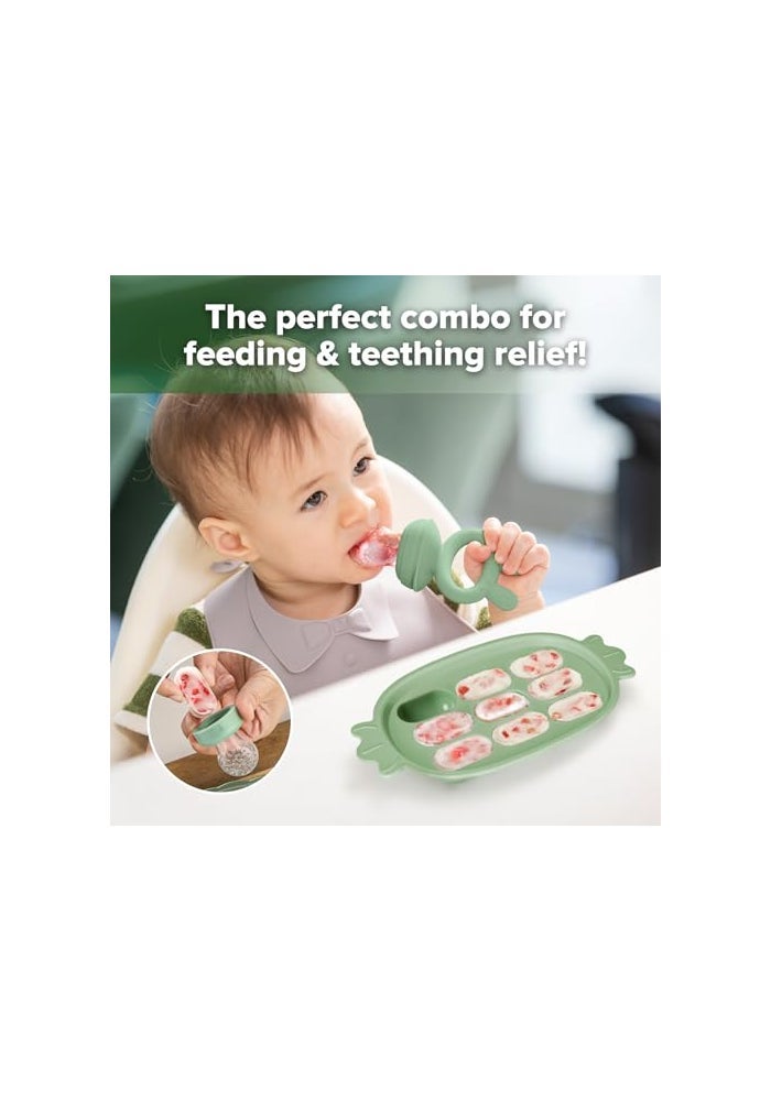Haakaa Baby Fruit Food Feeder Silicone Freezer Nibble Tray Combo Breastmilk Popsicle Mold for Baby Cooling Relief BPA Free Baby Mesh Food Feeder for Infant Self Feeding Pea Green - Image 3