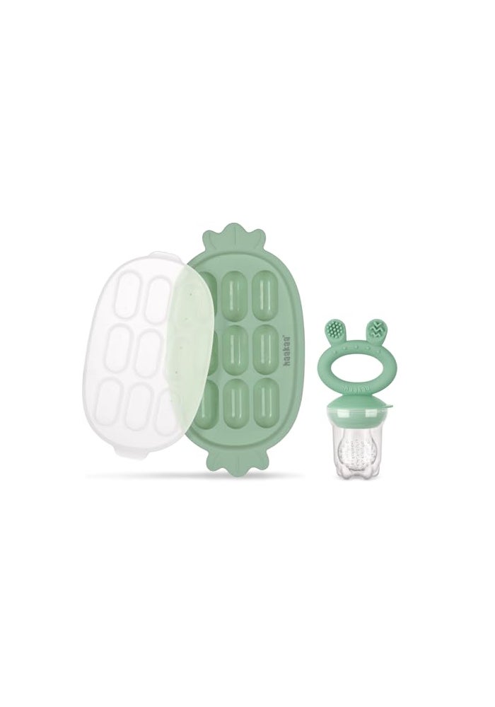 Haakaa Baby Fruit Food Feeder Silicone Freezer Nibble Tray Combo Breastmilk Popsicle Mold for Baby Cooling Relief BPA Free Baby Mesh Food Feeder for Infant Self Feeding Pea Green - Image 1