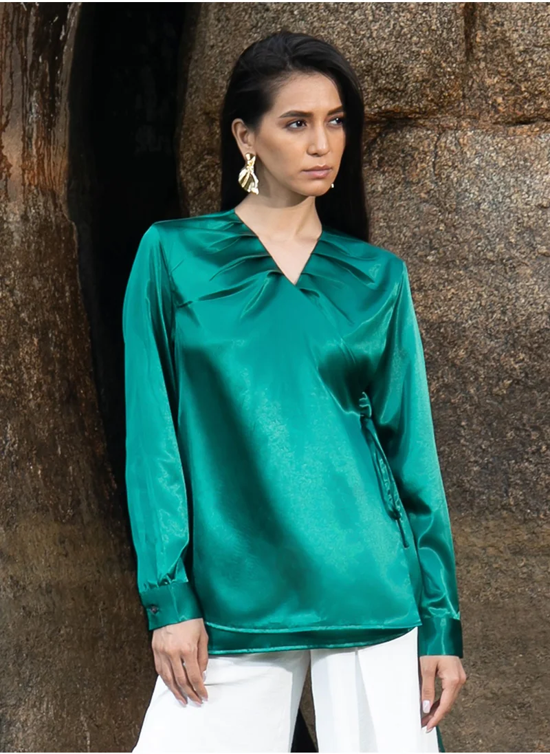 PINACOLADA Women's Emerald Green Satin Wrap Top