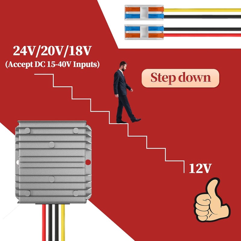 Cocar Voltage Converter 24V to 12V, Step Down 24V 12V 15A 180W with Quick Connector Cable Connector, Voltage Converter 24 to 12 for Golf Cart Light Truck. DC15-40V Wide Input - Image 2