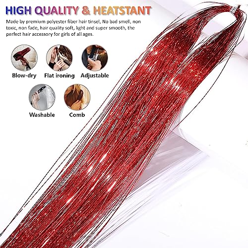 Fiwecos Red Hair Tinsel Kit 48 Inches 1200 Strands with Tools and Instruction Easy to Install Fairy Glitter Tinsel Hair Extensions for Women and Girls，Shinny Sparkling Braiding Hair Accessories for Party - Image 2