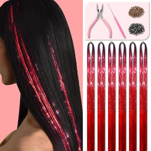 Fiwecos Red Hair Tinsel Kit 48 Inches 1200 Strands with Tools and Instruction Easy to Install Fairy Glitter Tinsel Hair Extensions for Women and Girls，Shinny Sparkling Braiding Hair Accessories for Party - Image 1