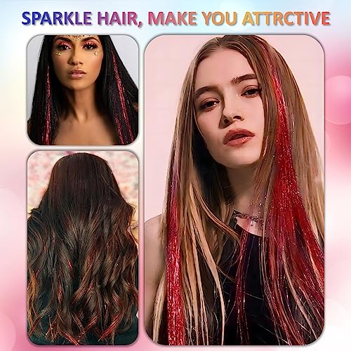 Fiwecos Red Hair Tinsel Kit 48 Inches 1200 Strands with Tools and Instruction Easy to Install Fairy Glitter Tinsel Hair Extensions for Women and Girls，Shinny Sparkling Braiding Hair Accessories for Party - Image 3