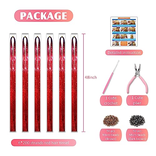 Fiwecos Red Hair Tinsel Kit 48 Inches 1200 Strands with Tools and Instruction Easy to Install Fairy Glitter Tinsel Hair Extensions for Women and Girls，Shinny Sparkling Braiding Hair Accessories for Party - Image 4