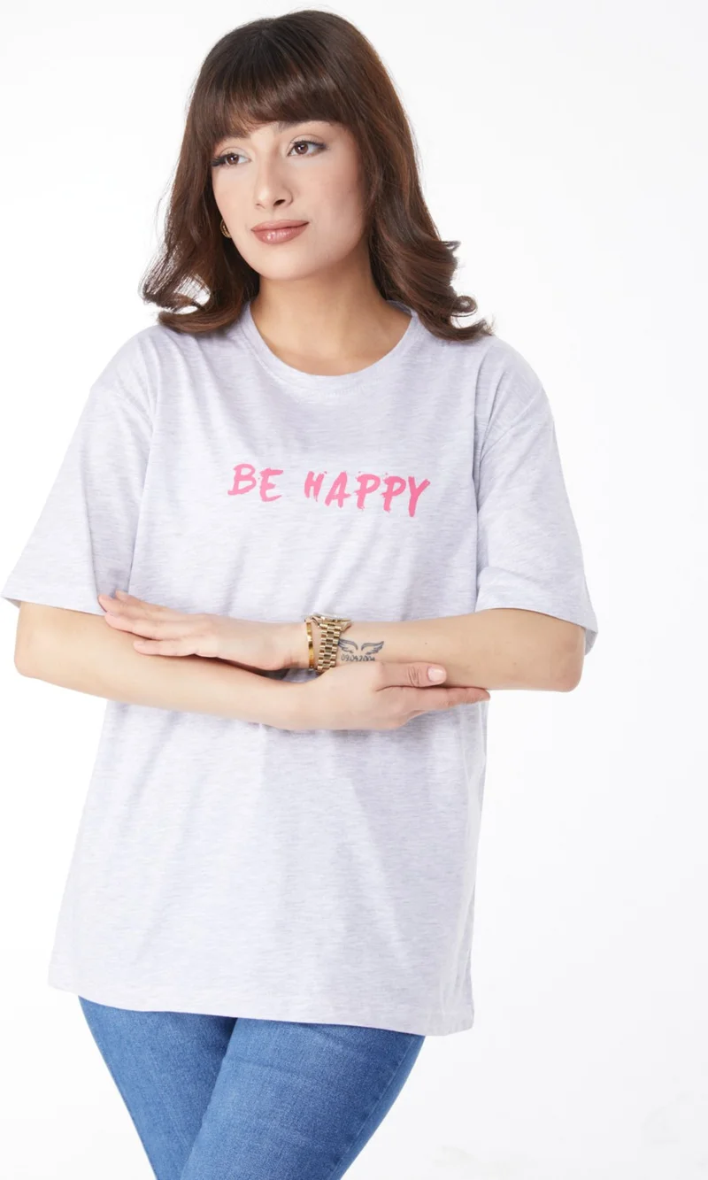 Tofisa Plain Crew Neck Women's Gray Printed T-Shirt - 25171
