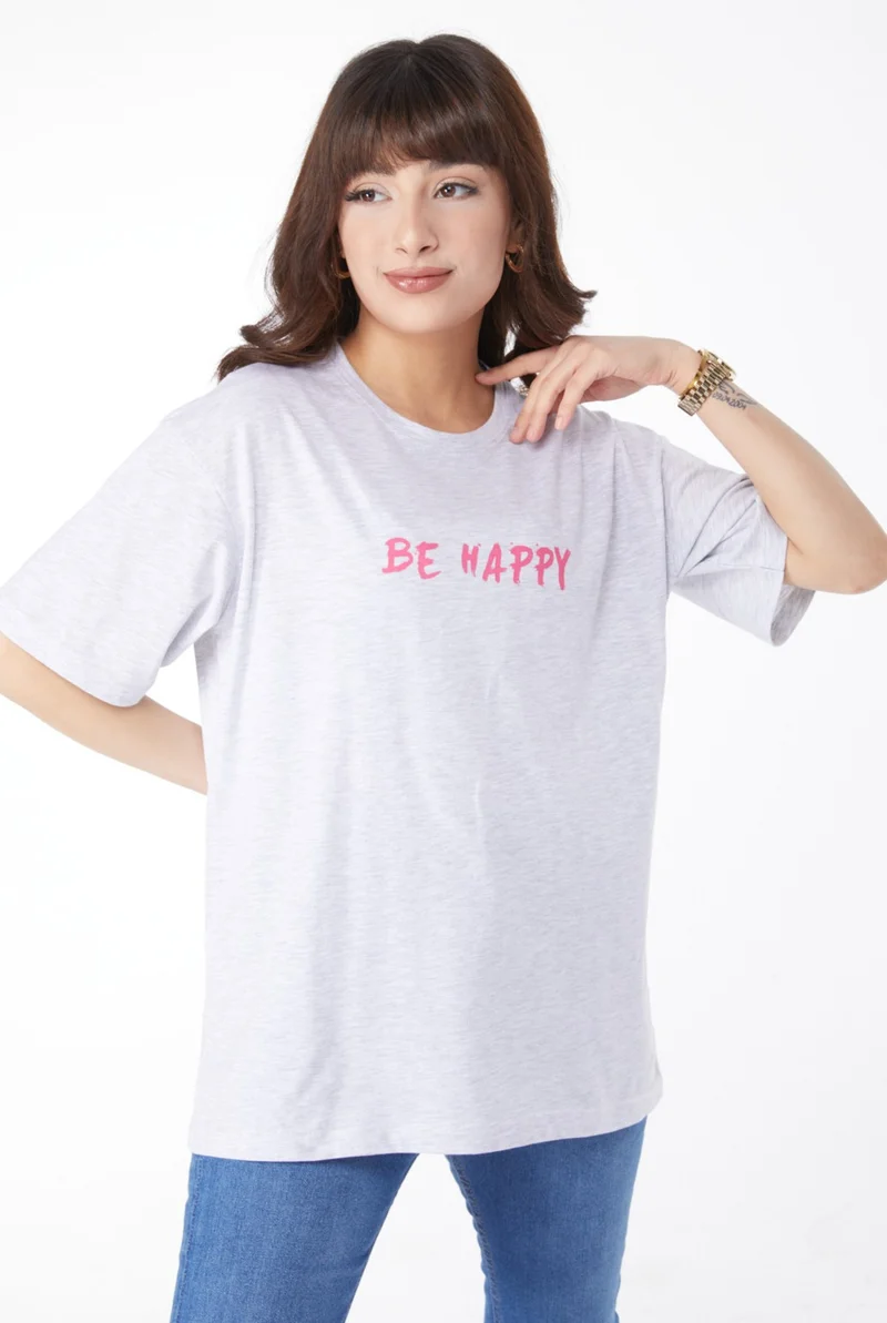 Tofisa Plain Crew Neck Women's Gray Printed T-Shirt - 25171