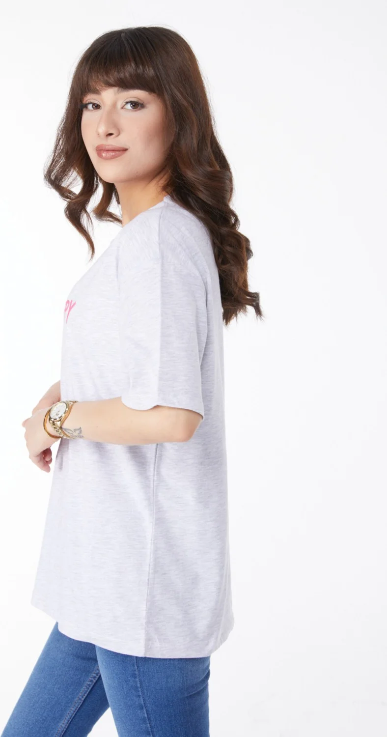 Tofisa Plain Crew Neck Women's Gray Printed T-Shirt - 25171
