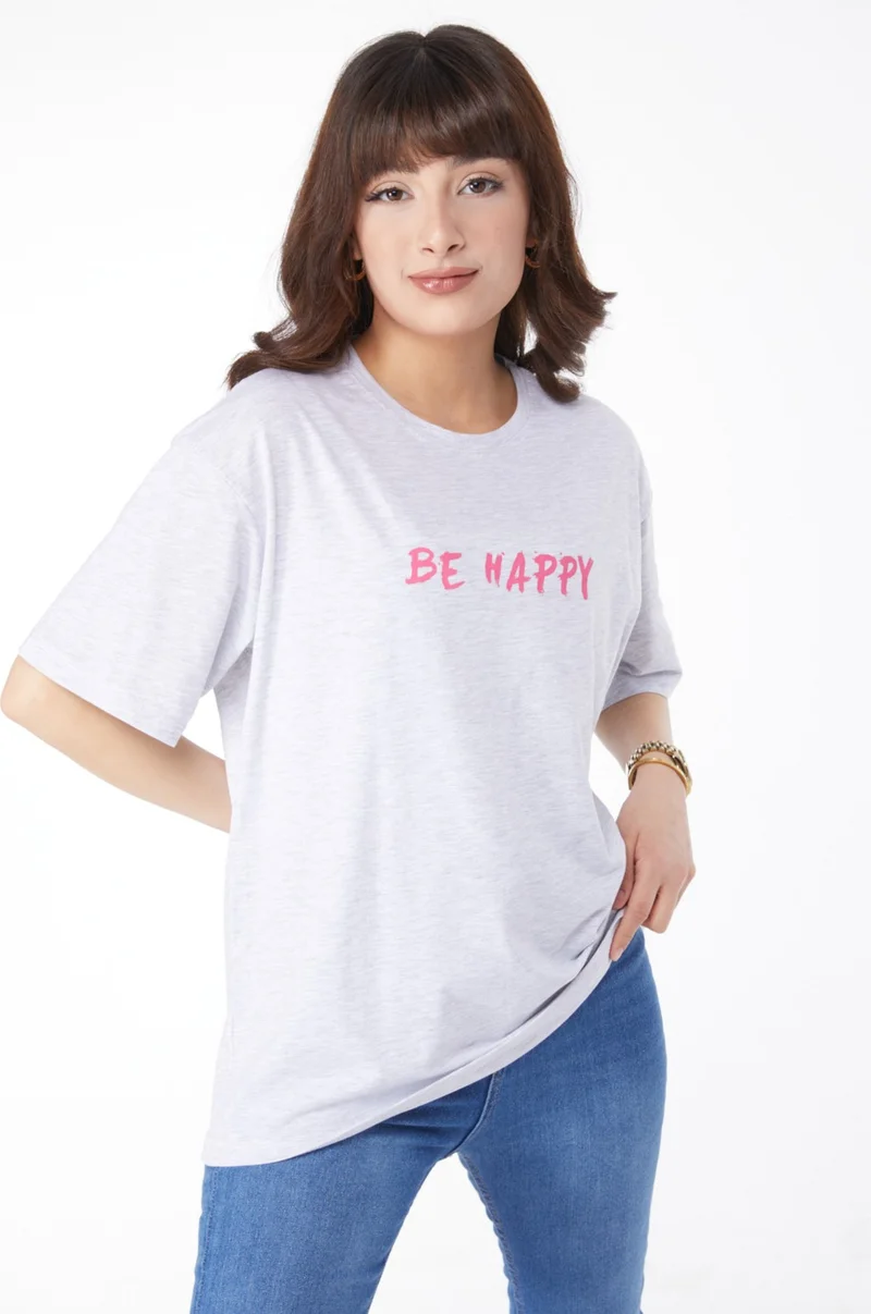 Tofisa Plain Crew Neck Women's Gray Printed T-Shirt - 25171