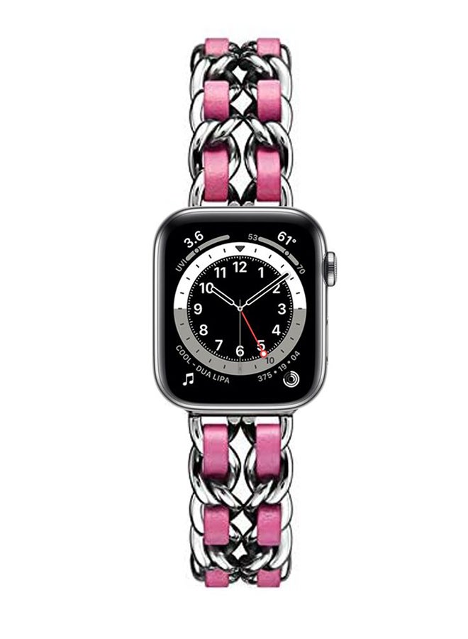 Perfii Chain Leather Replacement Band For Apple Watch Series 6/SE/5/4/3/2/1 Silver Red