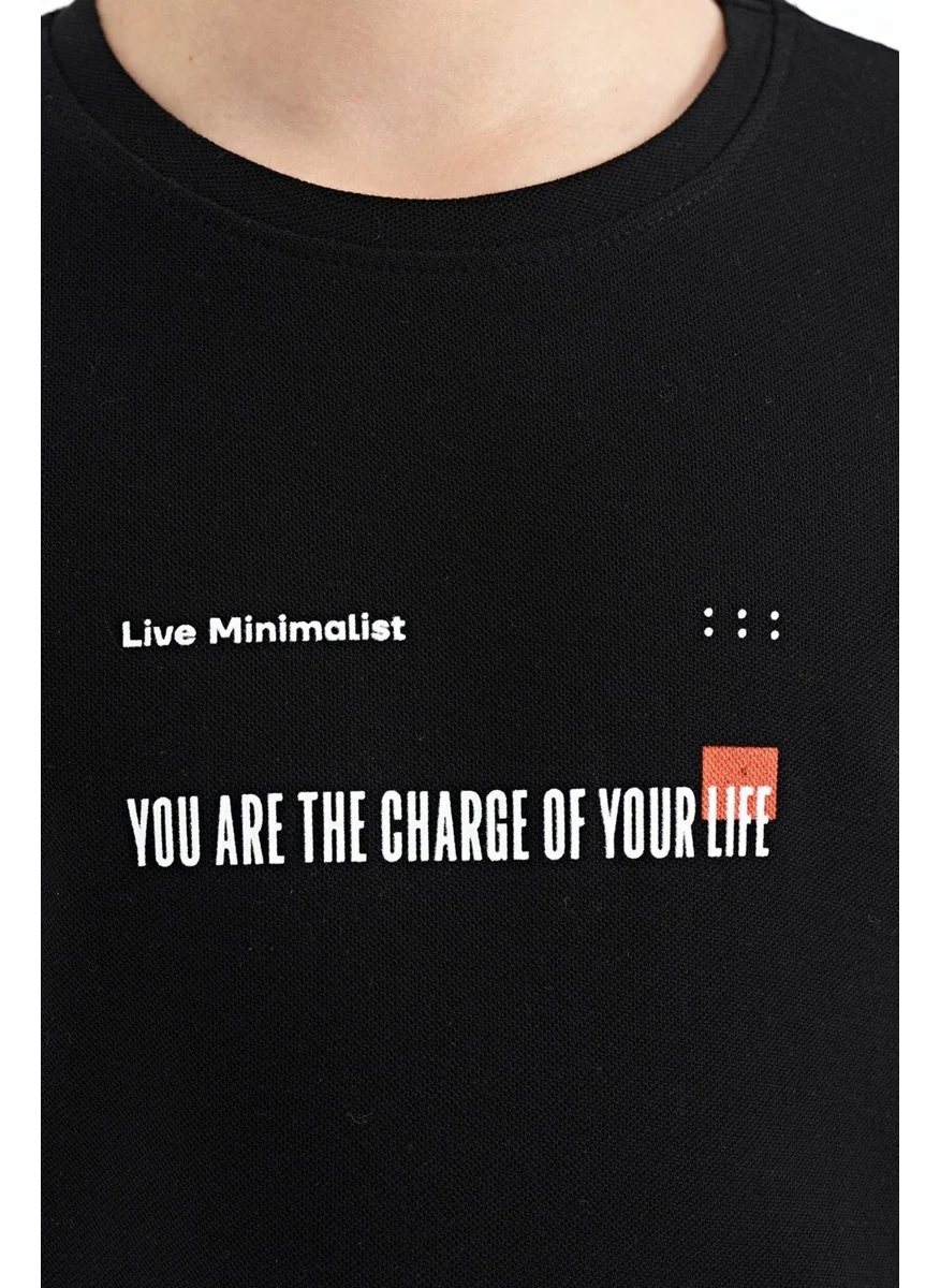 Tommy Life Black Printed Detailed O Neck Standard Pattern Men's T-Shirt - 11117