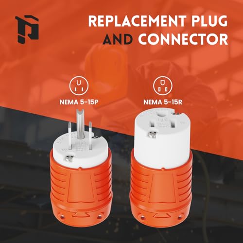 PLUGTUL Extension Cord Ends Male and Female, Replacement Plug & Connector Set, 3 Prong, 15Amp, 125Volt, NEMA 5-15P & NEMA 5-15R, ETL Listed, 5 Set, Orange - Image 2
