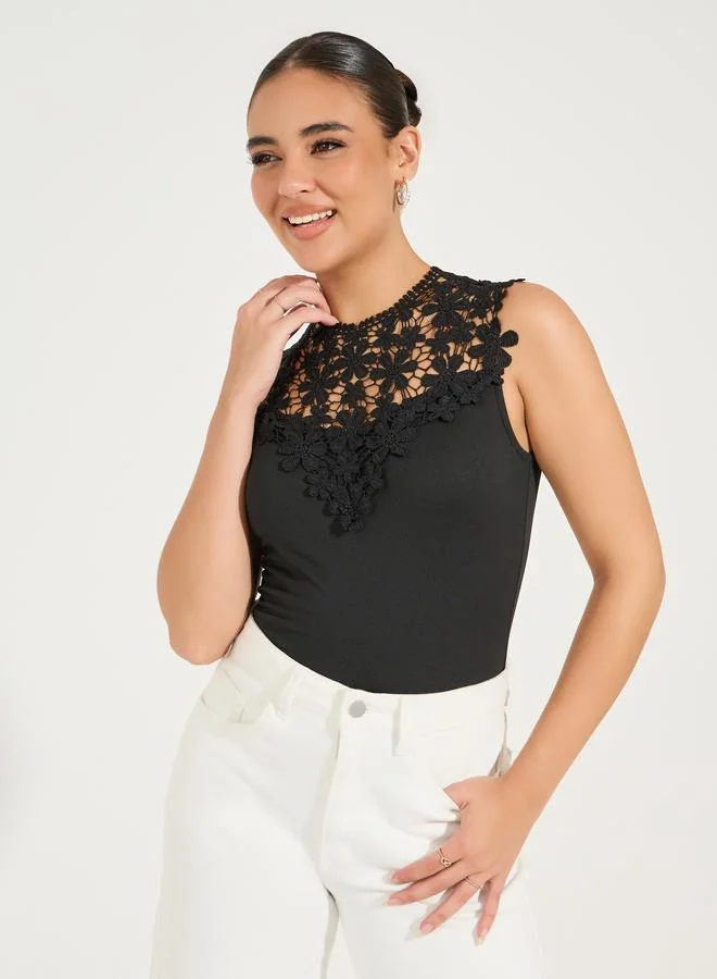 Styli Sleeveless Lace Yoke Bodysuit