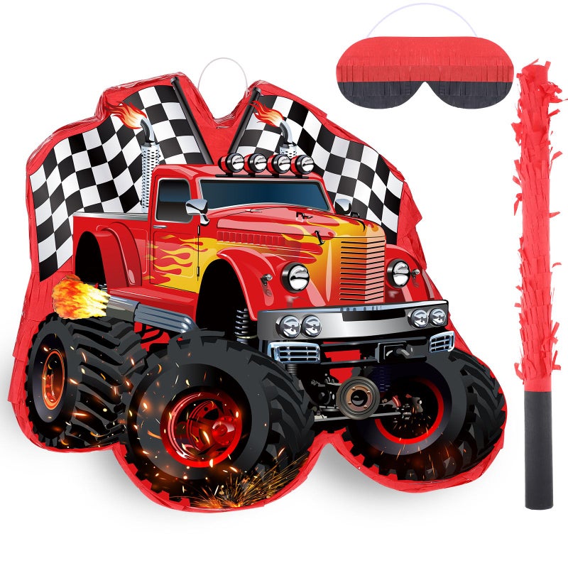Harrycle Red Truck Piata of Monster Small Piata Race Car with Blindfold and Stick for Kids Boys 141 x 126 x 32 Inch Birthday Truck Party Supplies Construction Themed Party Games Decorations - Image 3