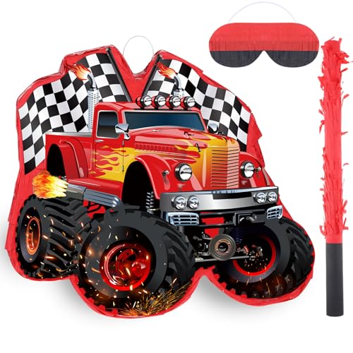 Harrycle Red Truck Piata of Monster Small Piata Race Car with Blindfold and Stick for Kids Boys 141 x 126 x 32 Inch Birthday Truck Party Supplies Construction Themed Party Games Decorations - Image 1