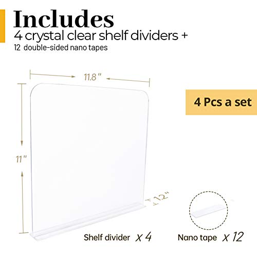 ROUFA 4Pcs Clear Acrylic Shelf Dividers, Adjustable Closet Organizer Fit for Any Thickness of Shelves, Multi-Purpose Wood Shelf Separators for Bedroom, Kitchen, Office, Bathroom, 11.8''x11'' - Image 3