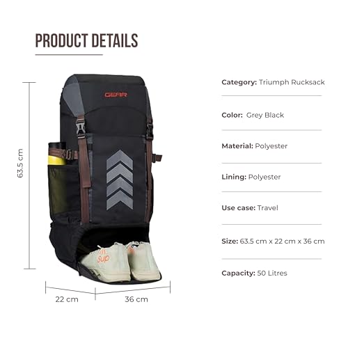 Gear Triumph 50L Extra Large Water Resistant Rucksack/Travel bag/For Men & Women(Grey - Black) - Image 3