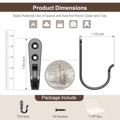 BREYDROK 20-Pack Towel Hooks for Bathroom, Heavy Duty Black Metal Wall Hooks for Robe, Coat, Kitchen, Closet, Garage Organizer - Image 3