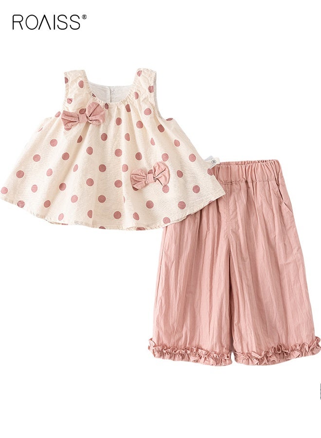 roaiss Girls 2 Piece Outfit, Sleeveless Top and Solid Ninth Pants Set, Kids Stylish Clothing Set with Dot-print Camisole and Wide Leg Pants, Perfect Outfit for Summer  - Image 1