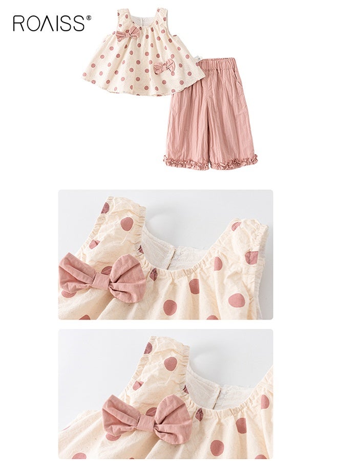 roaiss Girls 2 Piece Outfit, Sleeveless Top and Solid Ninth Pants Set, Kids Stylish Clothing Set with Dot-print Camisole and Wide Leg Pants, Perfect Outfit for Summer  - Image 5